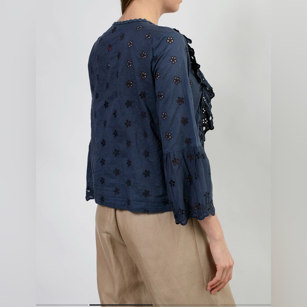 J. Crew Eyelet Lace Ruffle Bell Sleeve Blouse Size 12 Navy Blue Boho Romantic - Picture 3 of 9